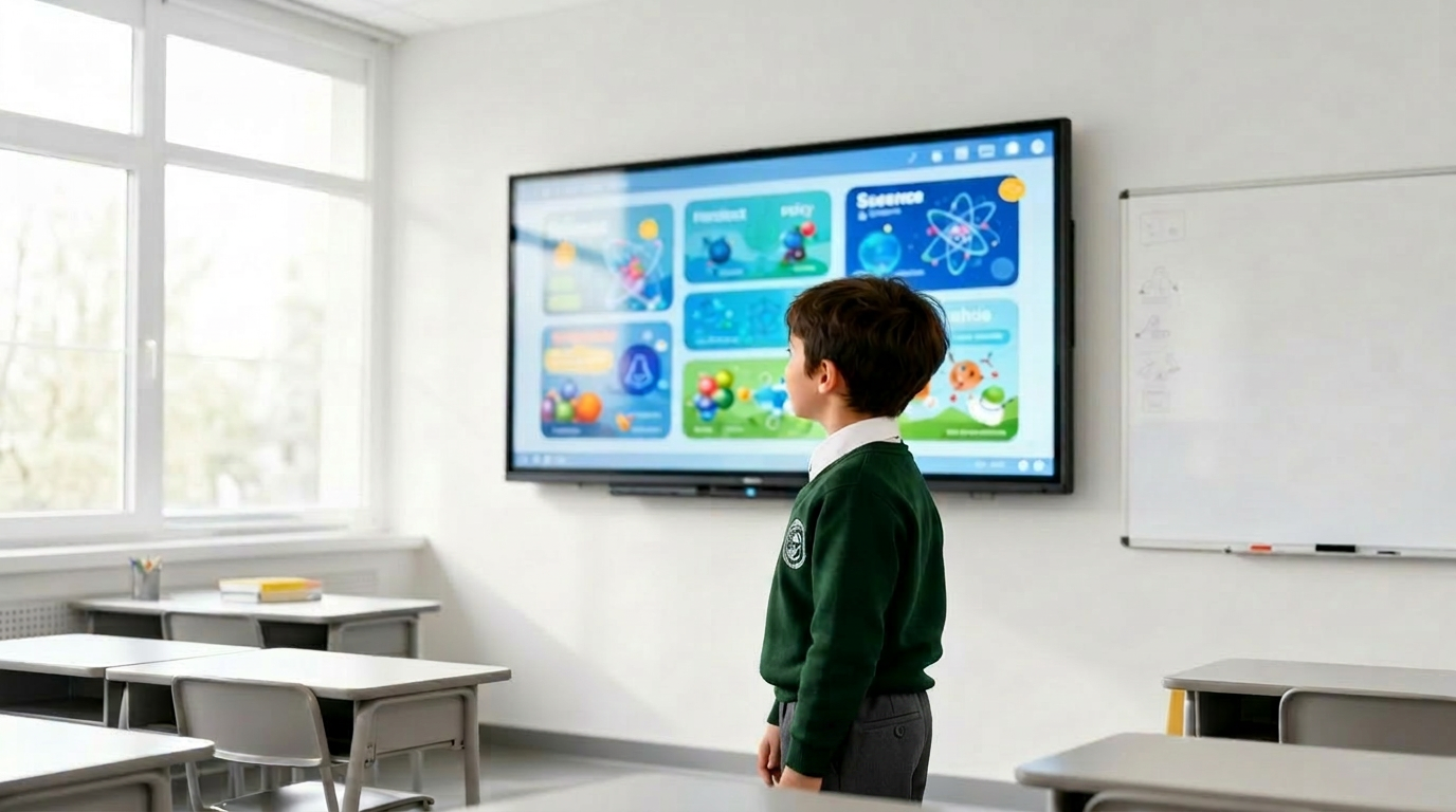 Alumno observando pantalla interactiva
